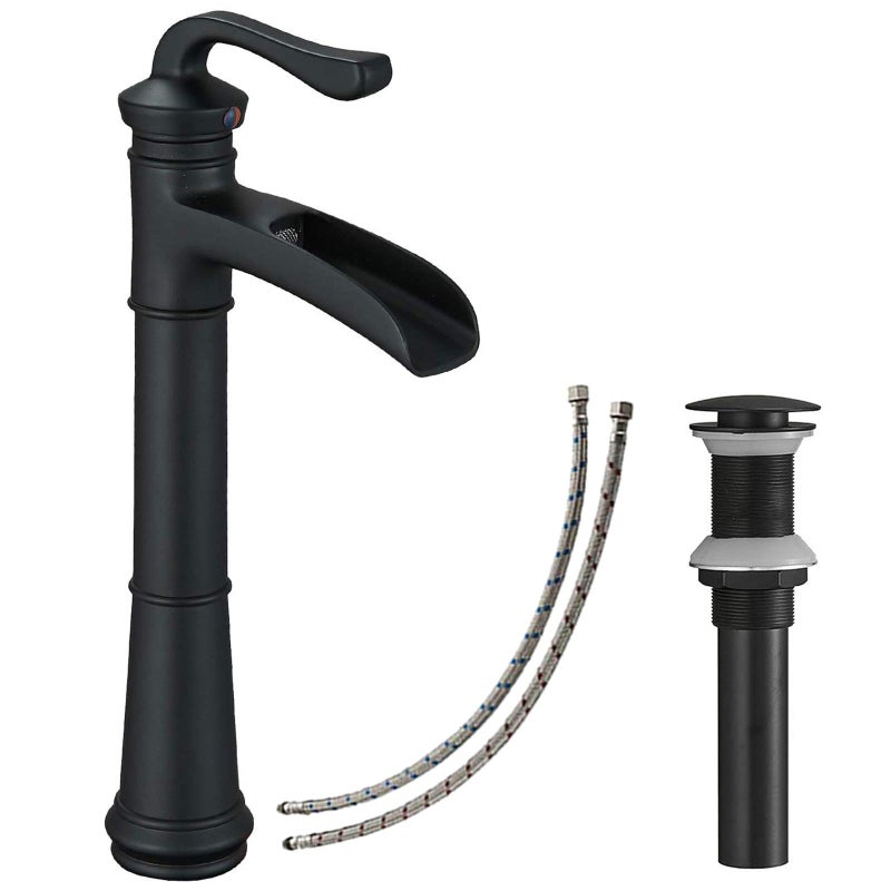 BATHLAVISH Vessel Sink Faucet Matte Black, Waterfall Vessel Faucet, Tall Bathroom Faucet, Farmhouse Single Hole Single Handle Lavatory Vanity RV with Pop Up Drain Without Overflow - Image 1